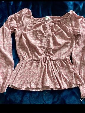 XXL Juniors Old Rose Vintage Style Ruched Front Long Sleeve Blouse Top Peplum
